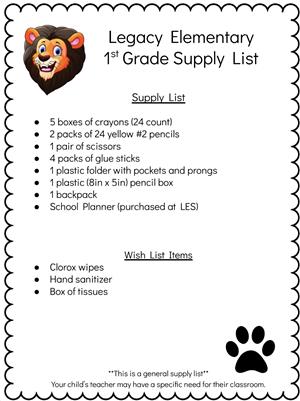 1st grade supply list